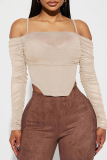 Color Casual Backless Ruched Long Sleeve Spaghetti Strap Crop Tops