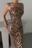 Leopard Sequin Evening Party Gown Sleeveless Backless Spaghetti Strap Slit Long Bodycon Glitter Prom Maxi Dress