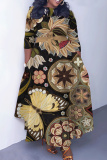 Black Coffee Casual Graphics Print O Neck 3/4 Sleeve Belted Waist Casual Outing Plus Size Straight Loose Maxi Dresses