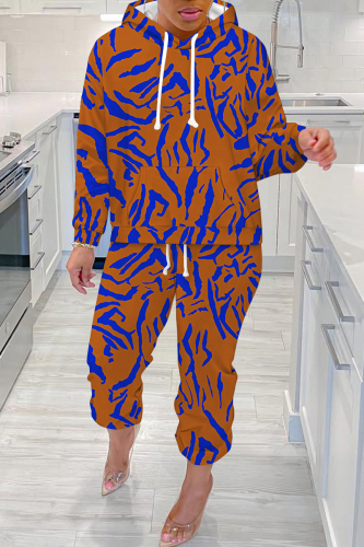 Brown Graphics Print Long Sleeve Hooded Sweatshirt And Pants Casual Sportwear Matching Sweatsuit Set