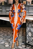 Blue Graphics Print Ruched V Neck Long Sleeve Front Slit Long Casual Formal Office Vacation Maxi Dresses