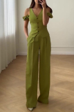 Light Green V Neck Sleeveless Pocket Buttons Vest Blazer And Wide Leg Pants Casual Formal Office Two Pieces Trouser Sets