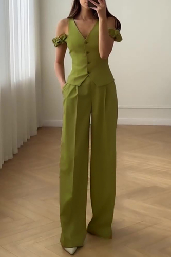 Light Green V Neck Sleeveless Pocket Buttons Vest Blazer And Wide Leg Pants Casual Formal Office Two Pieces Trouser Sets