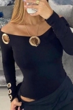 Black Casual Hollow Out Off Shoulder Long Sleeve One Piece Bodysuits