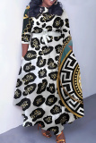 Black Coffee Casual Graphics Print O Neck 3/4 Sleeve Belted Waist Casual Outing Plus Size Straight Loose Maxi Dresses
