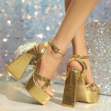 Gold High Heel Sandals Chunky Heel High Waterproof Platform Shoes