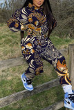 Brown Graphics Print Long Sleeve Hooded Sweatshirt And Pants Casual Sportwear Matching Sweatsuit Set