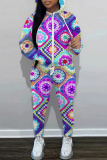 Purple Graphics Print Long Sleeve Zipper Hooded Sweatshirt And Pants Casual Sportwear Matching Sweatsuit Set