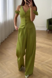 Light Green V Neck Sleeveless Pocket Buttons Vest Blazer And Wide Leg Pants Casual Formal Office Two Pieces Trouser Sets