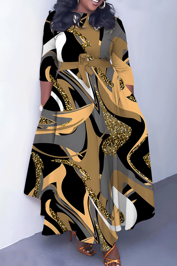 Black Coffee Casual Graphics Print O Neck 3/4 Sleeve Belted Waist Casual Outing Plus Size Straight Loose Maxi Dresses