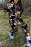 Brown Graphics Print Long Sleeve Hooded Sweatshirt And Pants Casual Sportwear Matching Sweatsuit Set
