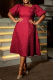 Red Jacquard Flowers Asymmetrical Collar Puff Sleeve Formal Evening Party Prom Wedding Guest A Line Pleated Midi Dresses