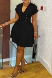 Black V Neck Short Sleeve Casual Formal Office Plus Size A Line Mini Dresses