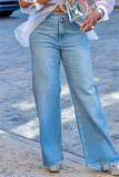 Blue Hot Drill High Waist Casual Straight Distressed Denim Jeans