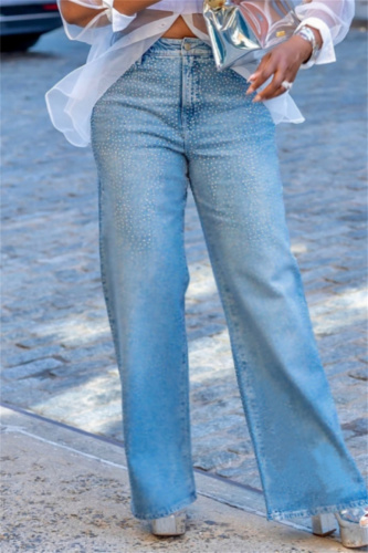 Blue Hot Drill High Waist Casual Straight Distressed Denim Jeans