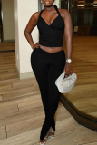 Blue Sleeveless Backless Slit Casual Halter Crop Tops And Skinny Pants Two Pieces Trouser Sets