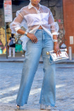 Blue Hot Drill High Waist Casual Straight Distressed Denim Jeans
