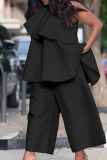Red Oblique Collar Sleeveless Ruffled Tiered Hem Tops And Wide Leg Pants Party Evening Formal Plus Size Two Piece Trouser Sets