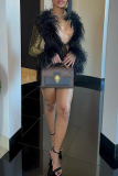 Black Feathers Trim Deep V Neck Long Sleeve Belted Party Clubwear Evening Bodycon Mini Dresses