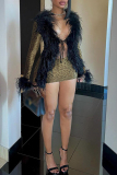 Black Feathers Trim Deep V Neck Long Sleeve Belted Party Clubwear Evening Bodycon Mini Dresses