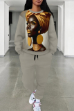 Light Khaki Flowers African Girl Print O Neck Long Sleeve Sweatshirt and Pants Casual Sportwear Two Piece Jogger Set