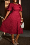 Red Jacquard Flowers Asymmetrical Collar Puff Sleeve Formal Evening Party Prom Wedding Guest A Line Pleated Midi Dresses