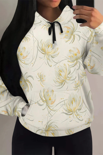 Apricot Casual Butterfly Floral Print Long Sleeve Draw String Fall Winter Hooded Sweatshirt