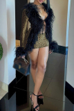 Black Feathers Trim Deep V Neck Long Sleeve Belted Party Clubwear Evening Bodycon Mini Dresses