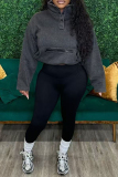 Black Zipper Turndown Collar Long Sleeve Pocket Buttons Sweatshirt And Skinny Pants Sportwear Casual Two Pieces Jogger Sets