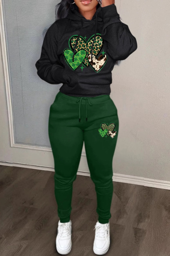 Dark Green Love Print Long Sleeve Hooded Sweatshirt And Skinny Stack Pant Casual Sportwear Two Piece Sweatpant Set
