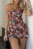 Claret Floral Print Backless Strapless Wrapped Skirt Formal Evening Party Prom Bodycon Tube Mini Dresses