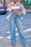 Blue Hot Drill High Waist Casual Straight Distressed Denim Jeans