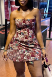 Claret Floral Print Backless Strapless Wrapped Skirt Formal Evening Party Prom Bodycon Tube Mini Dresses
