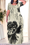 Beige Letters Camouflage Floral Print O Neck Short Sleeve Floor Length Baggy Casual Vacation Maxi T-shirt Dresses