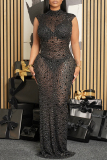 Blue Rhinestone Decor Sleeveless Turtleneck Evening Formal Wedding Bodycon Maxi Dresses