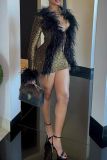 Black Feathers Trim Deep V Neck Long Sleeve Belted Party Clubwear Evening Bodycon Mini Dresses