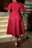 Red Jacquard Flowers Asymmetrical Collar Puff Sleeve Formal Evening Party Prom Wedding Guest A Line Pleated Midi Dresses