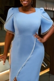Blue Square Neck Pearl Fringed Trim Short Puff Sleeve Slit Formal Office Evening Party Prom Bodycon Midi Dress