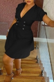 Black V Neck Short Sleeve Casual Formal Office Plus Size A Line Mini Dresses
