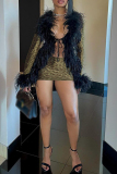Black Feathers Trim Deep V Neck Long Sleeve Belted Party Clubwear Evening Bodycon Mini Dresses