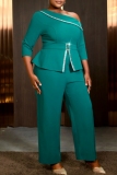 Lake Green Oblique Collar One Shoulder 3/4 Sleeve Formal Office Wedding Guest Wide Leg Peplum Jumpsuits