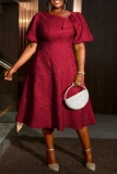 Red Jacquard Flowers Asymmetrical Collar Puff Sleeve Formal Evening Party Prom Wedding Guest A Line Pleated Midi Dresses