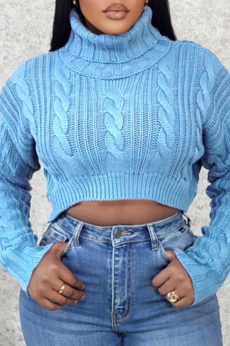 Blue Casual Turtleneck Long Sleeve Fall Crop Knitted Sweater