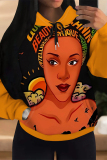 Yellow Casual Flower African Girl Print Long Sleeve Fall Winter Hooded Sweatshirt