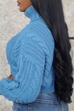Blue Casual Turtleneck Long Sleeve Fall Crop Knitted Sweater