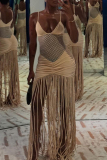 Champagne Sleeveless Hollow Out Fringed Trim Tassel Spaghetti Strap Slip Dresses