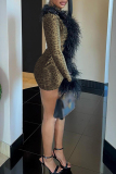 Black Feathers Trim Deep V Neck Long Sleeve Belted Party Clubwear Evening Bodycon Mini Dresses