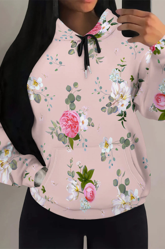 Pink Casual Floral Print Long Sleeve Fall Winter Hooded Sweatshirt