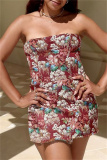 Claret Floral Print Backless Strapless Wrapped Skirt Formal Evening Party Prom Bodycon Tube Mini Dresses