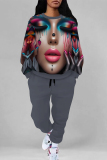 Light Khaki Flowers African Girl Print O Neck Long Sleeve Sweatshirt and Pants Casual Sportwear Two Piece Jogger Set